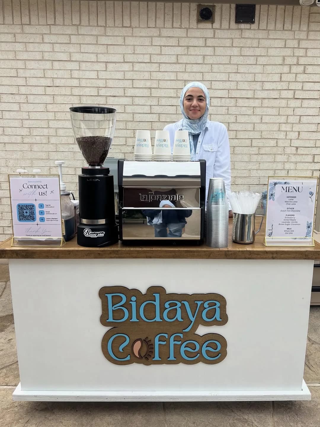 Bidaya Coffee mobile coffee cart set up for coffee catering at a Euless event