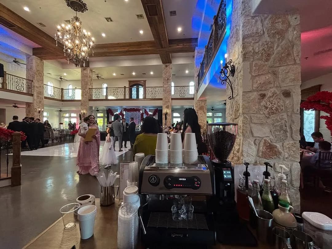 Bidaya coffee cart serving a reception inside a DFW ballroom