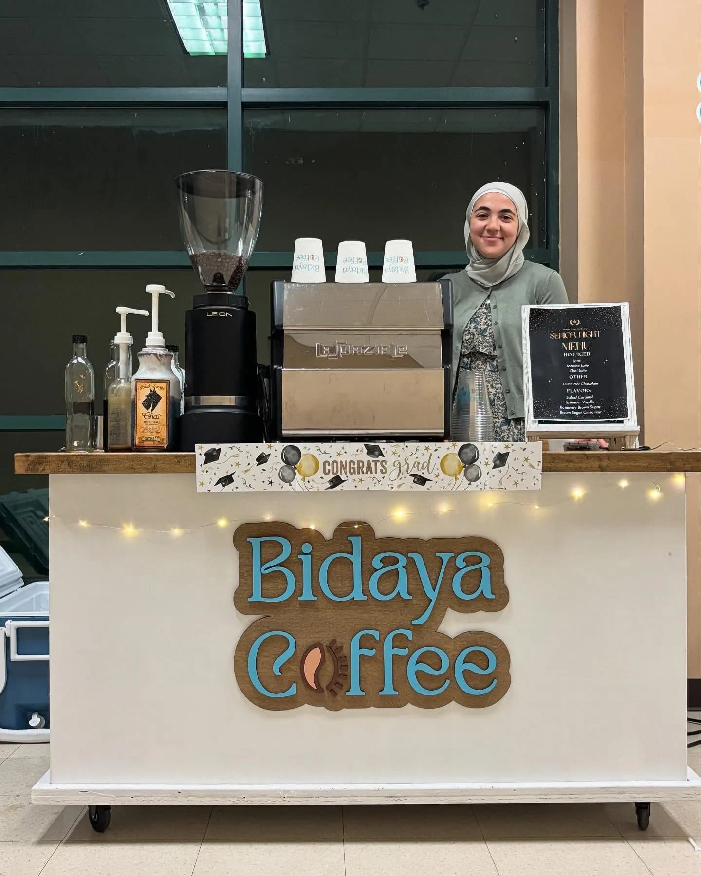 Bidaya coffee cart set up for a Class of 2025 senior banquet