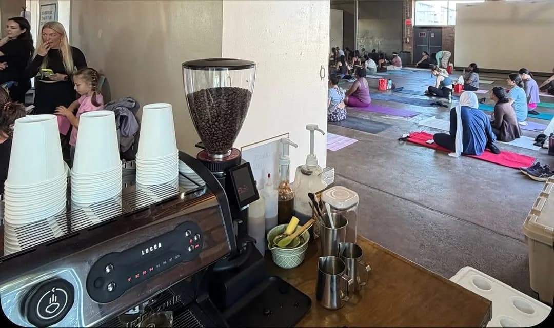 Bidaya coffee cart set up beside a yoga class at the Taste of Yoga morning in Dallas