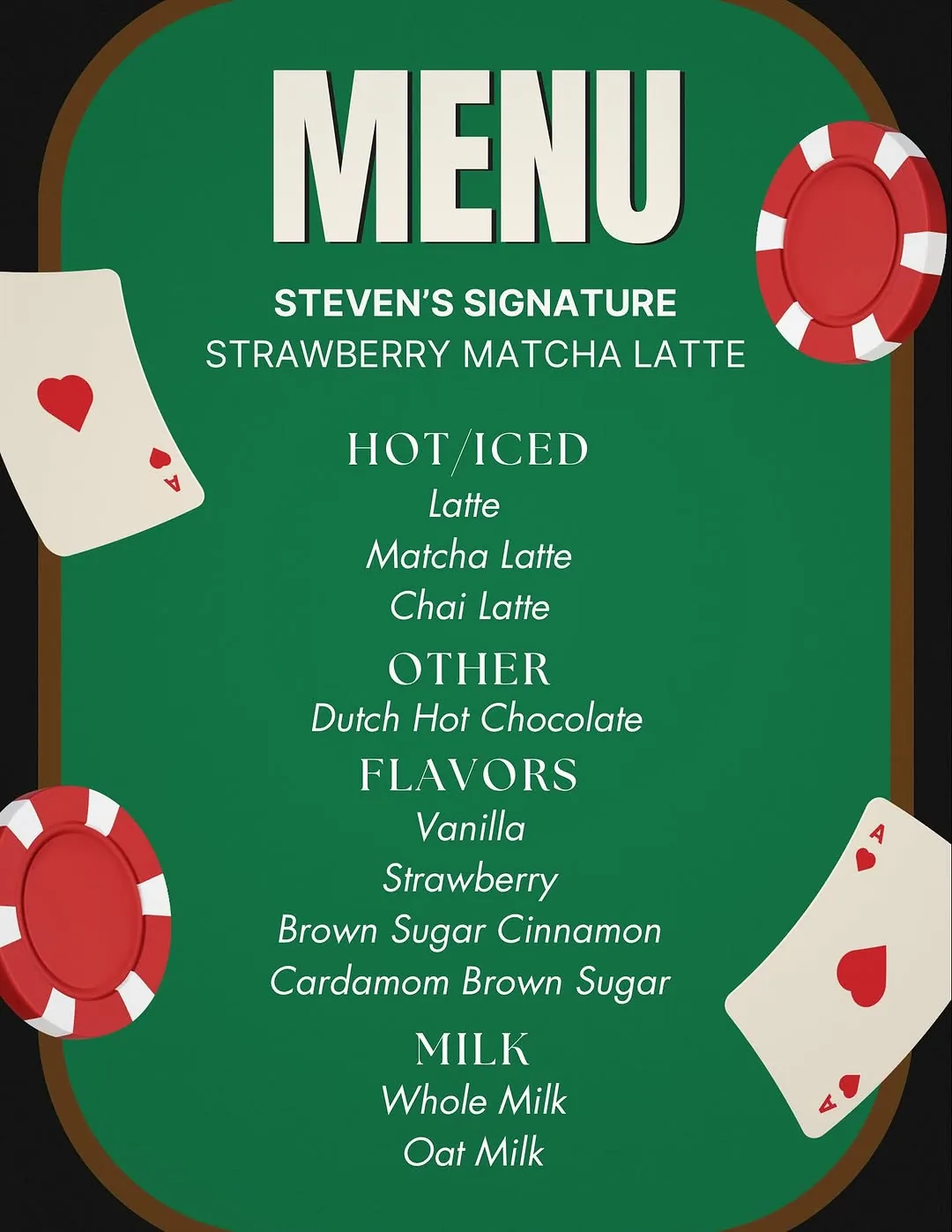 Custom printed drink menu designed for a 40th birthday coffee cart booking